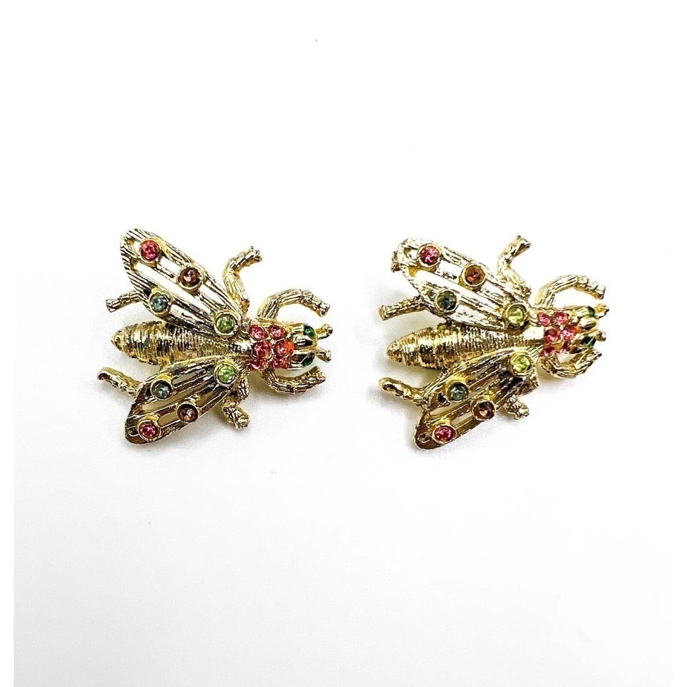 Retro Bug Brooch Duo Vintage Fly Insect Pair Gold Tone Green Pink Rhinestones - Picture 2 of 6